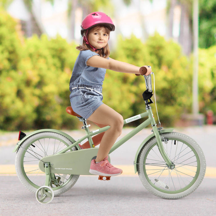 Costway 18\" Kids Bike With Adjustable Saddle Handlebar Removable Training Wheels Handbrake Green