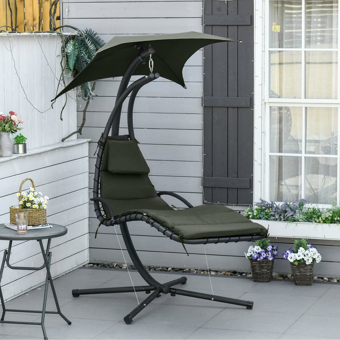 Outsunny Floating Chaise Lounge Outdoor Porch Swing Chair Hanging Hammock Reclining Seat W/ Arc Stand & Canopy Umbrella Charcoal Grey