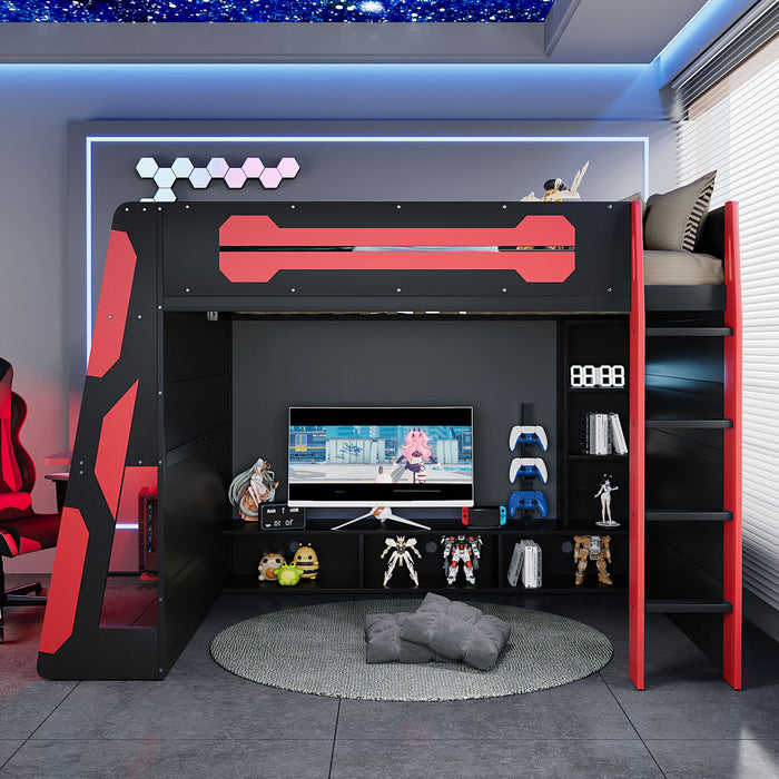 Olivia Wood Loft Bed with Desk and Multi-storage Shelves,RGB Light,Red Full Bed