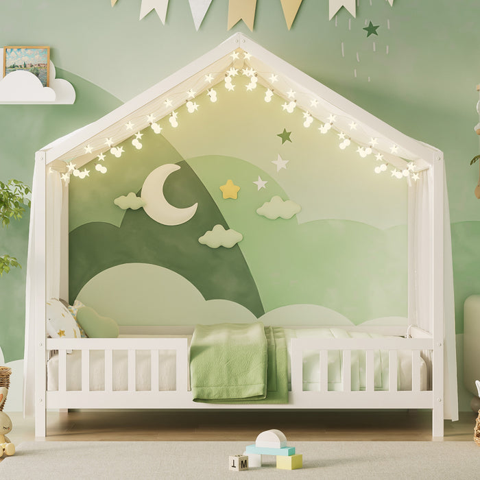 Paul Montessori Floor Bed with Canopy and High Railings,Twin Size，White Twin Bed