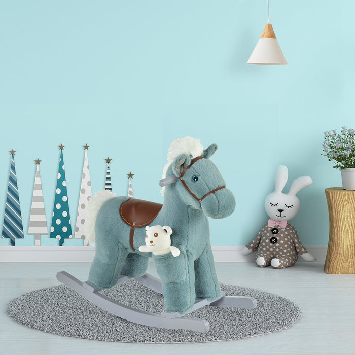 Qaba Kids Plush Ride-on Rocking Horse Toy Ride On Rocker With Plush Toy Realistic Sounds For Child 18-36 Months, Blue