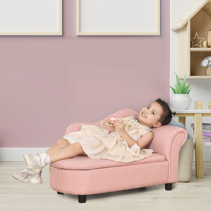 Qaba Kids Sofa, Toddler Couch With Storage Compartment, Children Chaise Lounge, Armrest Chair For Preschool For Kids Room, Kindergarten, Eucalyptus Wood, Pink