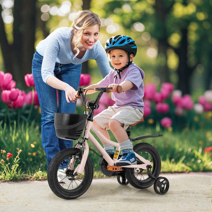 Costway 12\" Kid's Bike With Training Wheels Adjustable Handlebar & Seat Handbrake Pink