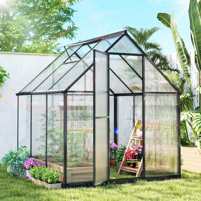 Outsunny Polycarbonate Greenhouse Walk-in Greenhouse with Swing Door, Black