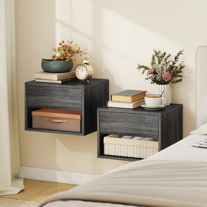 HOMCOM Floating Nightstand Set of 2 with Drawer and Shelf, Grey