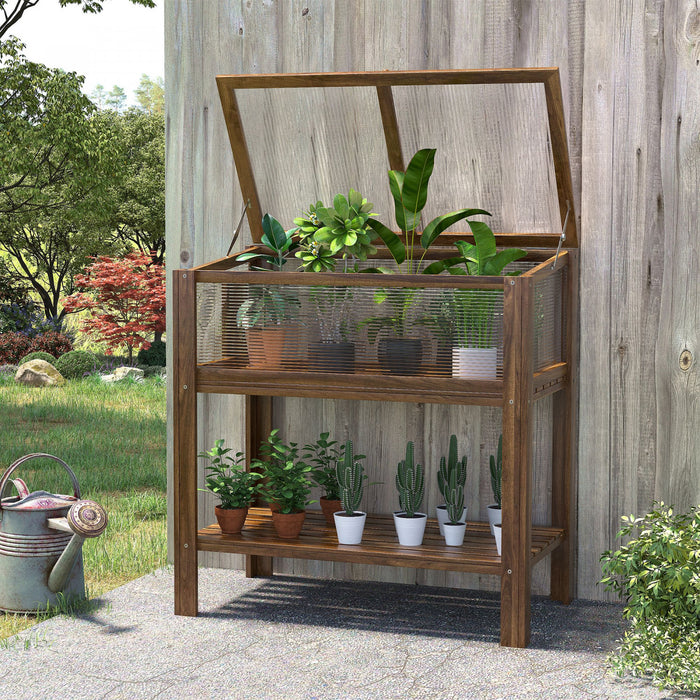 Outsunny 35.5\" X 20\" X 36.5\" Wooden Cold Frame Greenhouse, Garden Portable Raised Planter With Bottom Shelf, Top Opening For Outdoor & Indoor, Brown