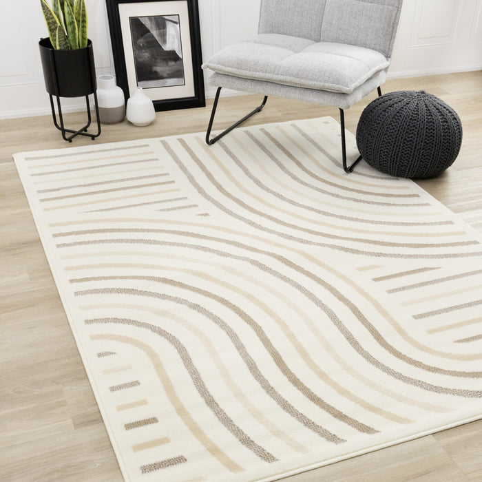 Florence Cream Beige Brown Curved Lines Design Rug, 4'7\" x 6'7\" Indoor Area Rug