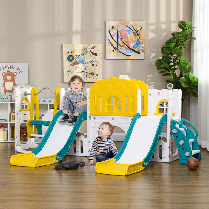 Qaba 8 in 1 Slide and Swing Set with Basketball Hoop, Climber, Toddler Slide Set Indoor Playground with Aisle, Steering Wheel, Storage Space, Telescope, for Aged 1-3 Years, Yellow