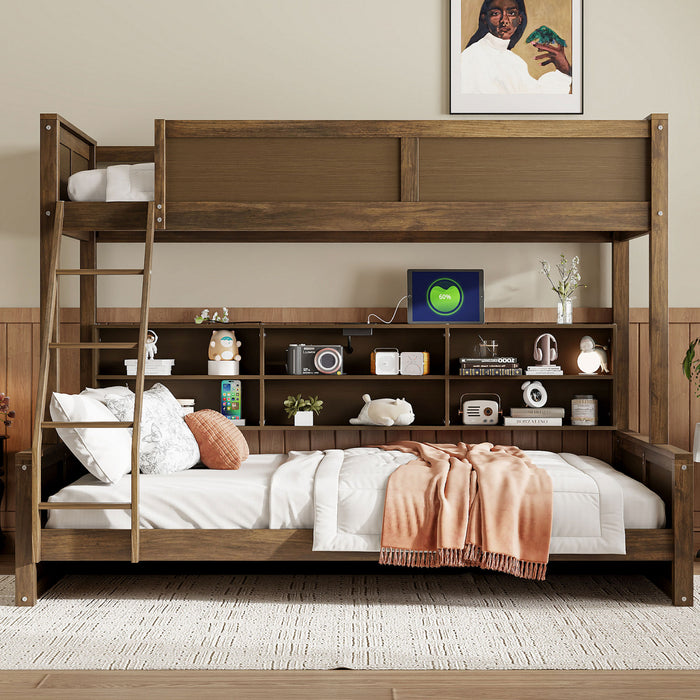 Liam Solid Wood Twin XL Over Queen Bunk Bed with Storage & USB Ports, Brown