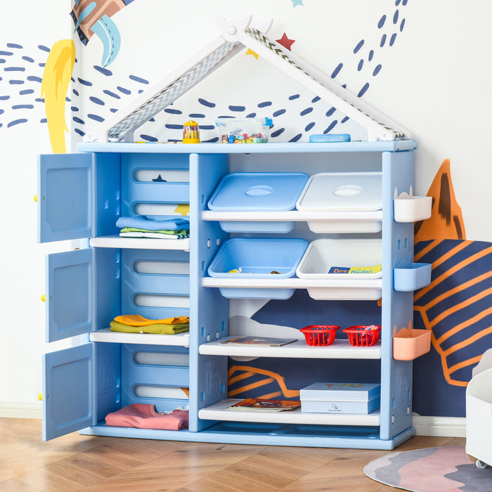 Qaba Kids Toy Organizer And Storage Book Shelf With Shelves, Storage Cabinets, Storage Boxes, And Storage Baskets, Blue