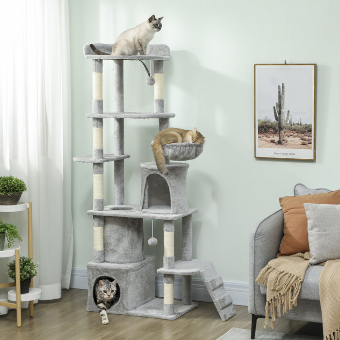 PawHut Cat Tree, 67\" Large Cat Tower for Indoor Kittens Multi-Level with 7 Scratching Posts, Tunnel, 2 Plush Condos, Hammock, Perch, Ramp, Pompoms, Light Grey