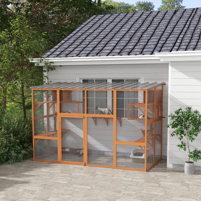 PawHut Catio Outdoor Cat Enclosure, 76\"Large Wooden Outdoor Cat House with Condos, Jumping Platforms, Scratching Posts, Waterproof Roof, Walk-in Kitty Cage for 1–5 Kittens, Orange