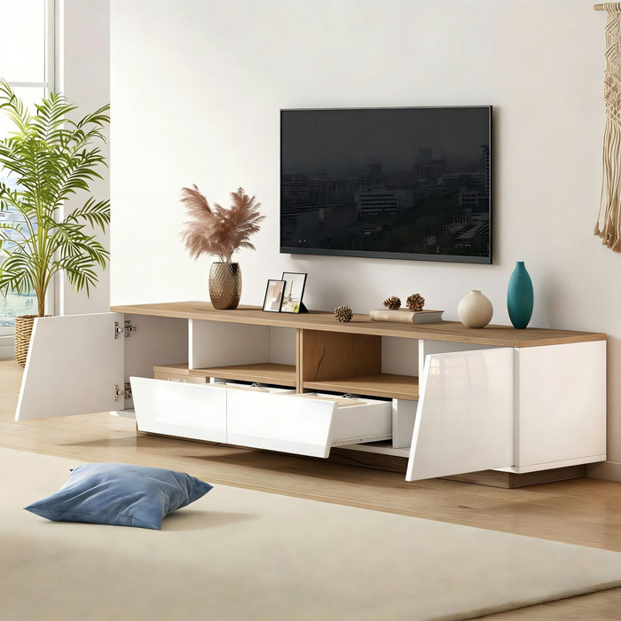 Lumina 64.9 Inch TV Cabinet with LED Lights and High-Gloss Finish, White/Wood