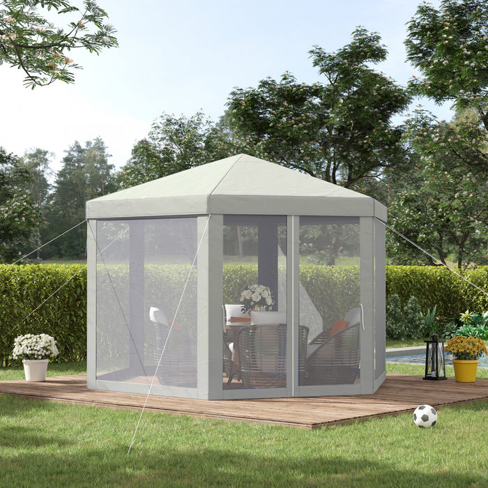 Outsunny Φ13' Hexagon Party Tent Patio Gazebo Outdoor Activity Event Canopy Quick Sun Shelter Pavilion With Netting Mesh Sidewall Cream White