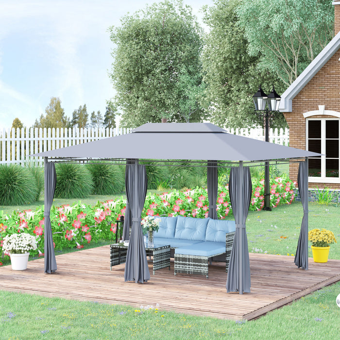 Outsunny 13'l X 10'w X 8.7'h Patio Gazebo Outdoor 2-tiers Garden Canopy Yard Sunshade Shelter With Curtains Grey