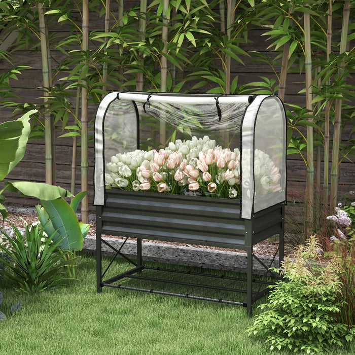 Outsunny Metal Raised Garden Bed with Cover, Black