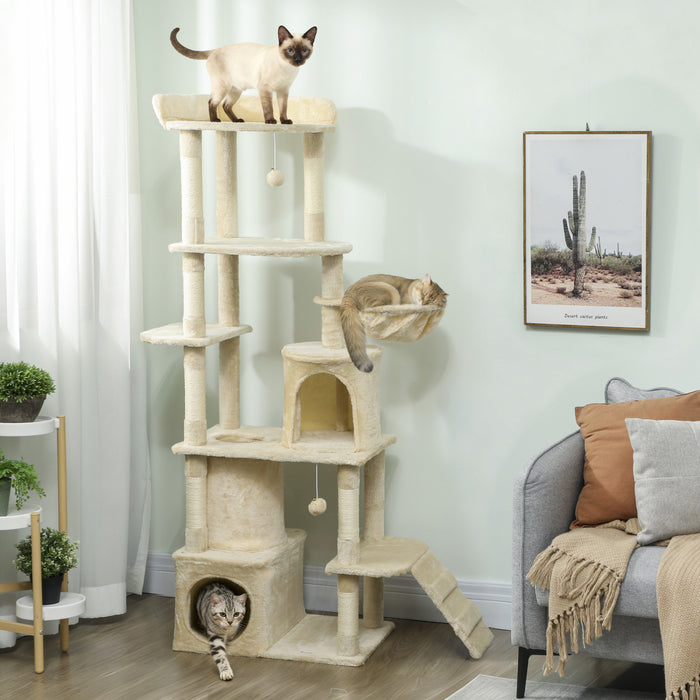PawHut Cat Tree, 67\" Large Cat Tower for Indoor Kittens Multi-Level with 7 Scratching Posts, Tunnel, 2 Plush Condos, Hammock, Perch, Ramp, Pompoms, Beige