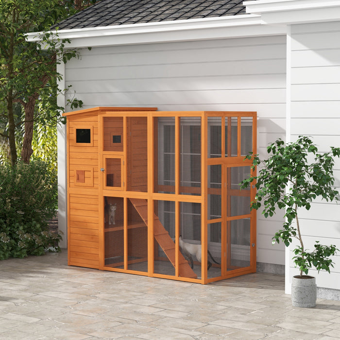 Pawhut Large Catio Outdoor Cat Enclosure Weatherproof Cat House With Cat Condo, Indoor Wooden Cat Cage Pet Kennel, 77\"l X 38\"w X 69\"h