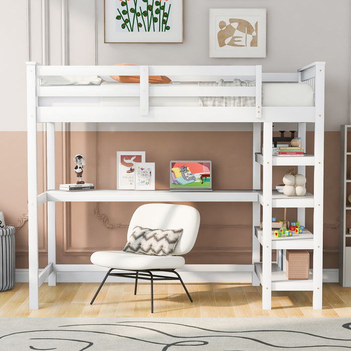 Victoria Twin Loft Solid Wood Bed With Desk, Storage Shelves, Led Light, White