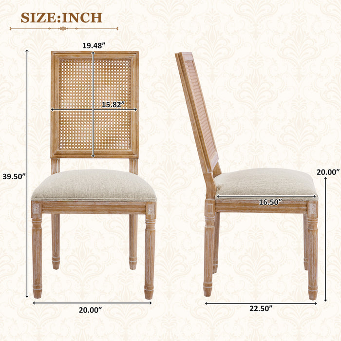 Oliver Solid Wood Rubberwood Dining Chair Set of 2 with Upholstered Seat Cane Backrest and Fluted Legs,Beige