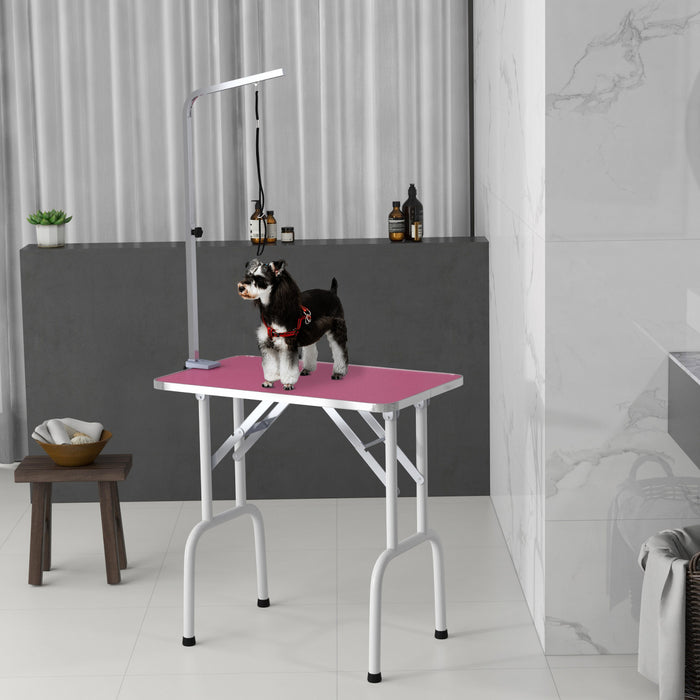 Pawhut 32in Foldable Dog Grooming Table For Small Dogs, Pet Grooming Table For Dogs Cats With Adjustable Arm, Non-slip Surface, Pink