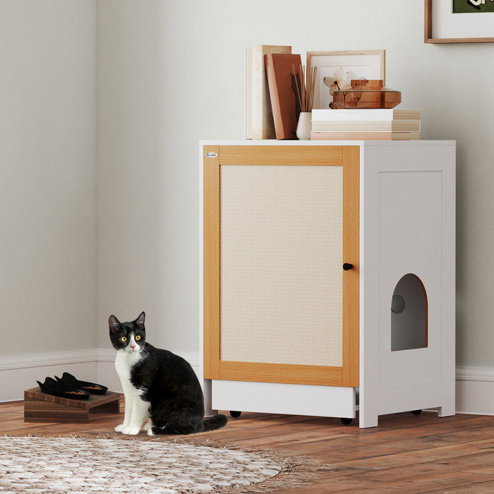 Pawhut Cat Litter Box Enclosure, Hidden Litter Box Furniture With Pull-out Tray, Indoor Cat Washroom With Storage Cabinet, Scratching Mat - Oak