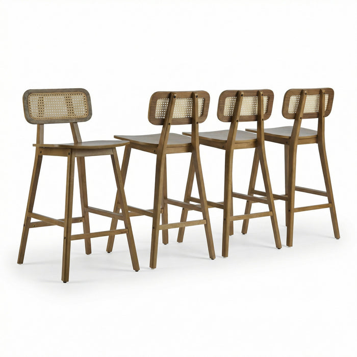 Bari Rubber Wood Counter Stool Set of 4 with Rattan Back and Footrest,Walnut