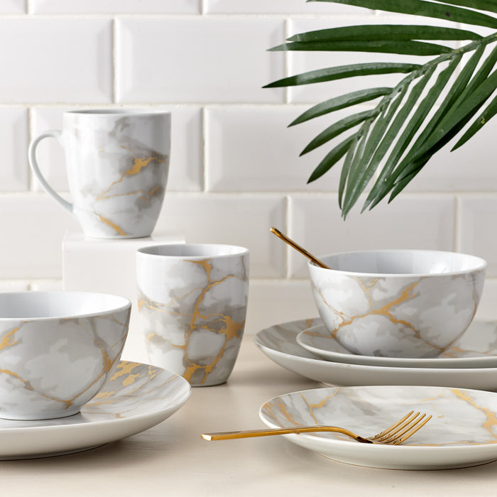 20-Piece Grey Marble Porcelain Dinnerware Set with Gold Veining & Gold Flatware