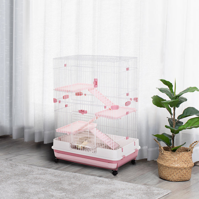 Pawhut 45\"h 4-level Small Animal Cage Rabbit Hutch With Universal Lockable Wheels, Slide-out Tray For Bunny, Chinchillas, Ferret, Pink