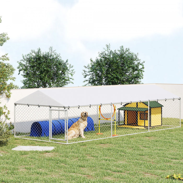 PawHut Outdoor Dog Kennel Dog Run with Waterproof, UV Resistant Cover, Double Secure Locks for Small, Medium and Large Sized Dogs, 19.7' x 7.5' x 4.9', Silver