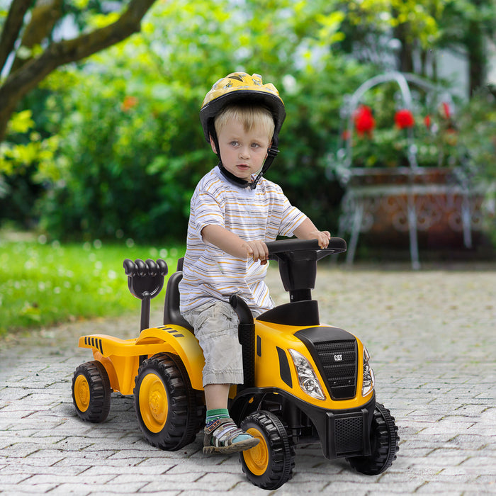 Qaba Powered Ride-On Tractor, Caterpillar Licensed Ride On Excavator For Kids With Shovel, Trailer, No Power Construction Car For Toddlers 18-36 Months, Yellow