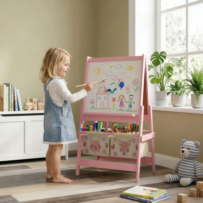Qaba Art Easel for Kids, 3-in-1 Double-Sided Kids Easel with Paper Roll, Whiteboard & Chalkboard, 2 Storage Boxes, Gift for Boys, Girls Ages 3-8, Pink, Fox and Rabbit