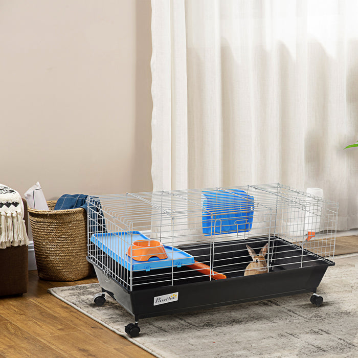 Pawhut 35\" Small Animal Cage, Rolling Bunny Cage, Guinea Pig Cage With Food Dish, Water Bottle, Hay Feeder, Platform, Ramp For Ferret Chinchilla, Black