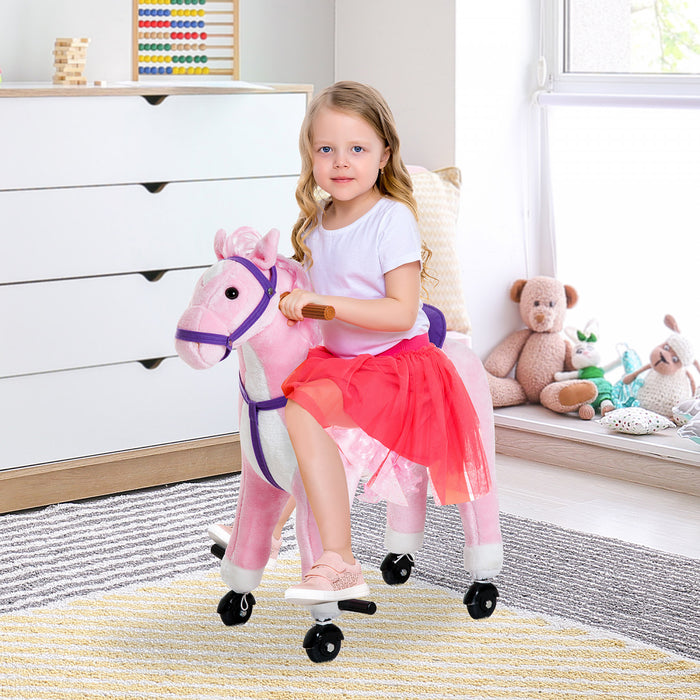 Qaba Kids Rocking Horse, Large Walking Ride On Toy For Toddlers 3 Year Old, Baby Plush Animal Rocker With Sound And Wheel, Pink