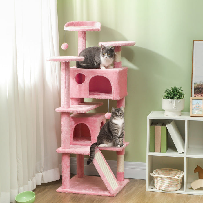 Pawhut 54\" Cat Tree, Cat Tower For Indoor Cats With Scratching Posts, Cat Condos, Bed, Platforms, Ramp, Toy Ball, Cat Activity Center, Pink