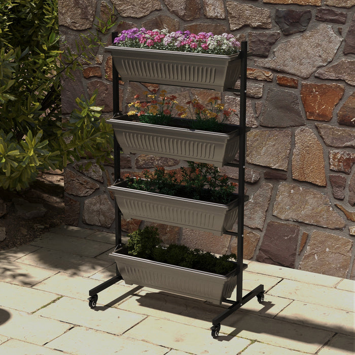 Outsunny 4-tier Vertical Raised Garden Bed With 4 Planter Boxes, Wheels, Outdoor Plant Stand Grow Container With Leaking Holes For Balcony Patio Outdoor, Brown