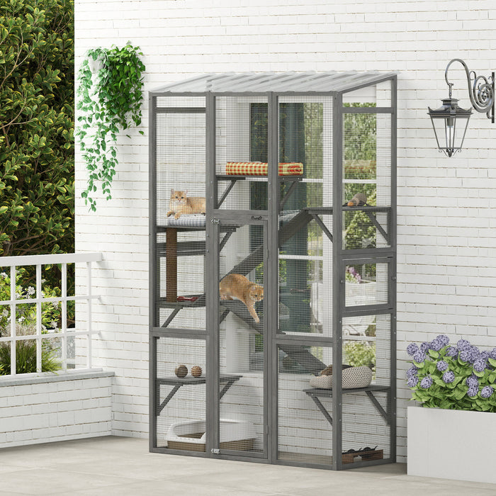 PawHut Catio Outdoor Cat Enclosure, Large Wooden Cat House with 6 Platforms, Scratching Post, 2 Ramps, Waterproof Roof, Walk-in Kitty Cage for 2–3 Kittens, 64\" x 24\" x 99\", Grey