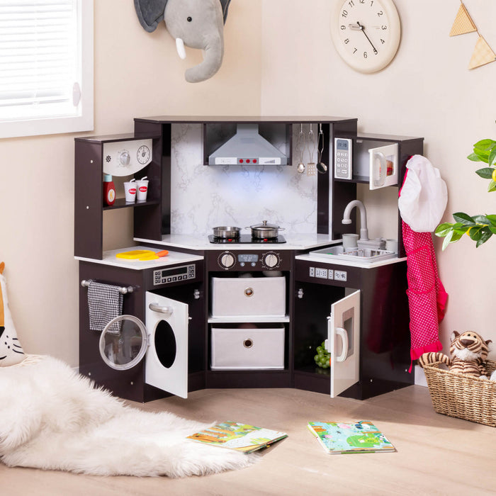 Costway Wooden Kids Play Corner Kitchen With Realistic Lights & Sounds Lighted Range Hood Brown