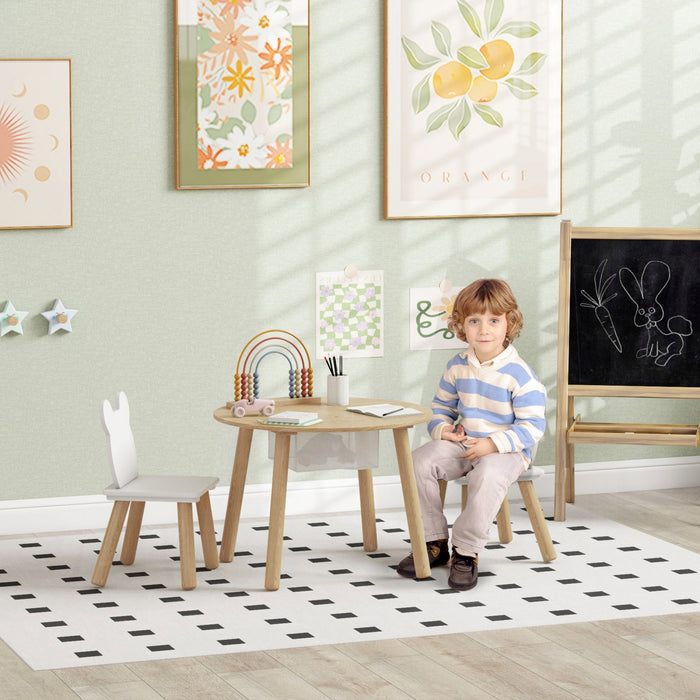 Qaba 3 Pieces Activity Table And Chair Set With Mesh Bag, Kids Table With Bear-shaped Chairs For Playroom, Nursery, Classroom, Natural Wood Finish