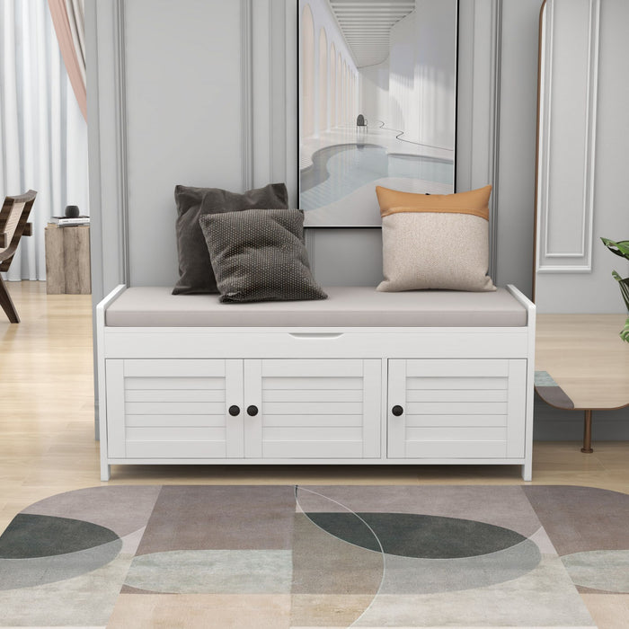 Olivia Pine Wood Storage Bench With 3-door Shoe Cabinet With Hidden Compartment - White