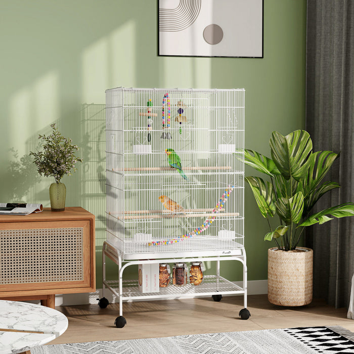 Pawhut 43\" Bird Cage For Budgies Cockatiels Canaries Lovebirds Finches With Rolling Stand, Toys, Removable Tray, Storage Shelf, White