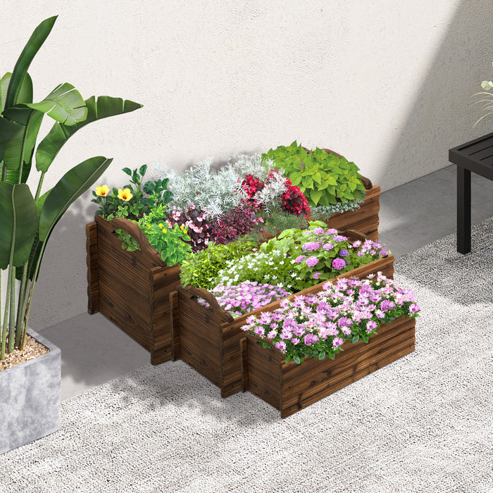 Outsunny 3 Pieces Raised Garden Bed, Wooden Planter Box, Rectangular Garden Flower Bed With Handles