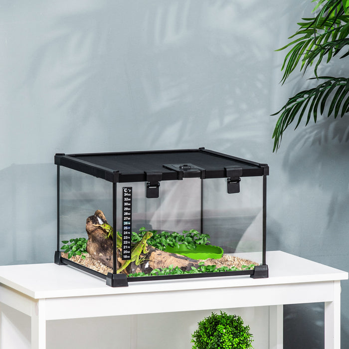 PawHut Glass Reptile Terrarium, 12\"x12\"x8\" Jumping Spider Enclosure with Thermometer, Water Basin, Full View Visually for Lizards, Horned Frogs, Snakes, Spiders - Black