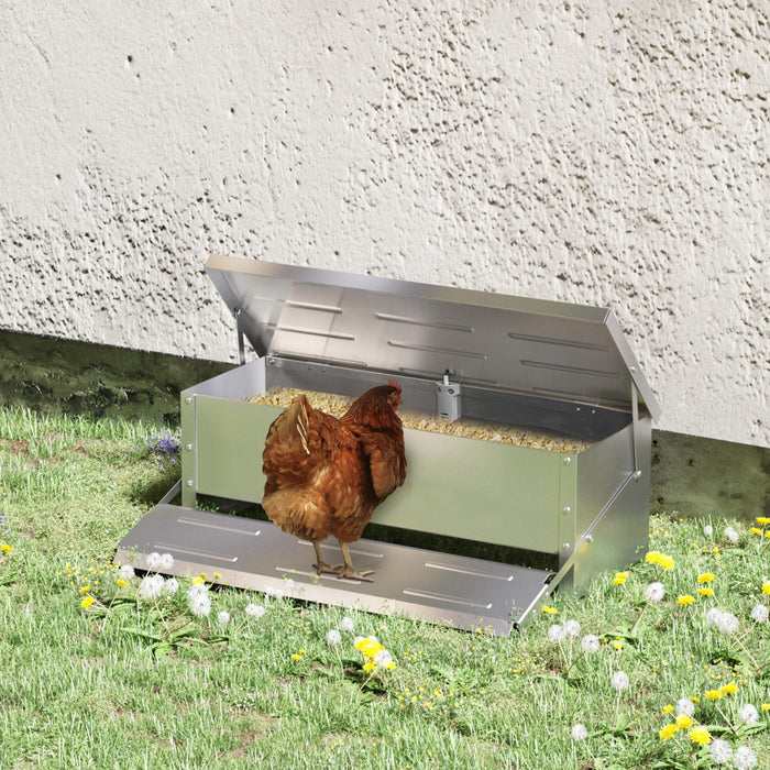 Pawhut Automatic Chicken Feeder, 22.5 Lbs Capacity Poultry Feeder With Self Opening Treadle, Weather Resistant Lid, For 6 Chickens, Silver