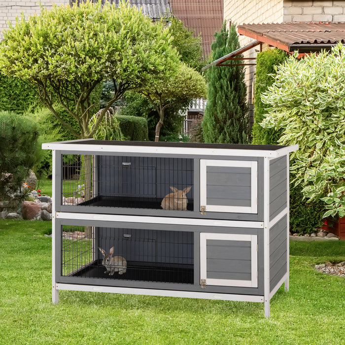 Pawhut 54\"l 2-story Large Rabbit Hutch Bunny Cage Wooden Pet House Small Animal Habitat With Lockable Doors, No Leak Tray And Waterproof Roof For Outdoor/indoor Grey&white