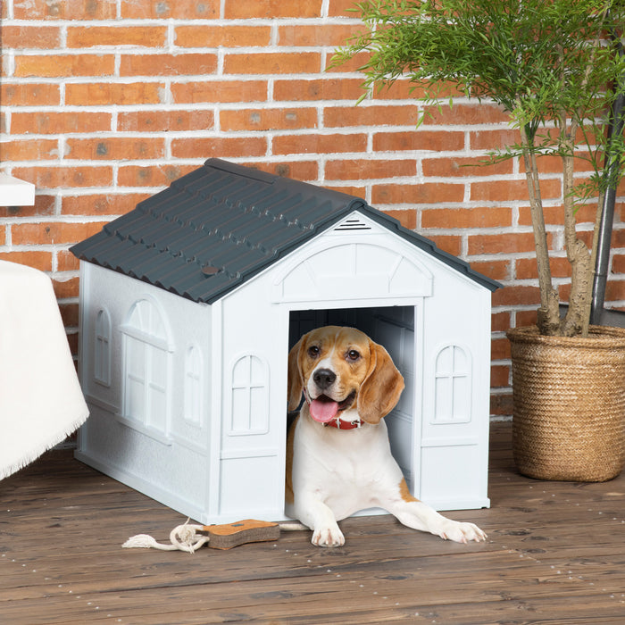 Pawhut 26\" Plastic Dog House Outdoor, Waterproof Dog Kennel With Air Vents, Pet Shelter For Small Medium Dogs, Grey