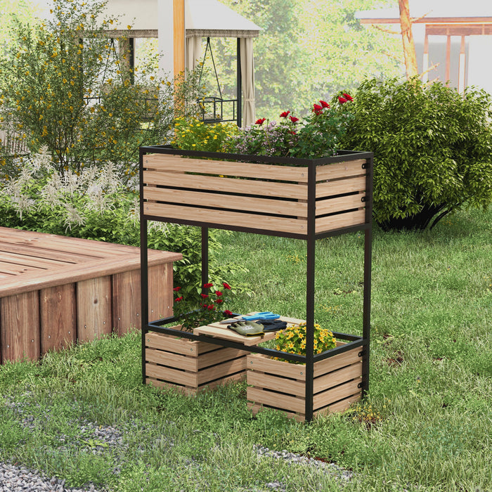 Outsunny 2-tier Raised Garden Bed, Elevated Planter Box With Storage Shelf, Wood Plant Stand For Flowers, Vegetables, Herbs, Light Brown