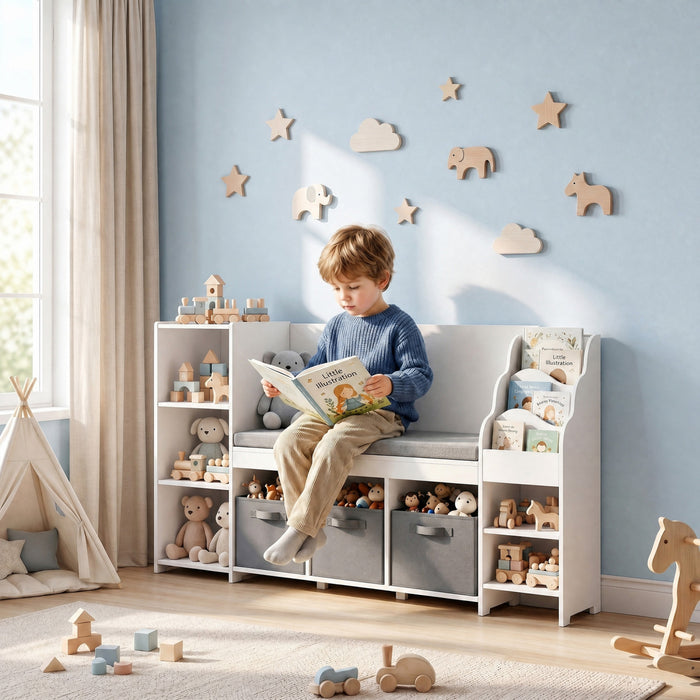 Qaba Kids Storage Shelf with Reading Nook, Toy Storage Organizer with Seat Cushion, 3 Fabric Drawers, 3-Tier Bookcases and 4 Storage Cubbies for Bedroom, Playroom, Nursery, White