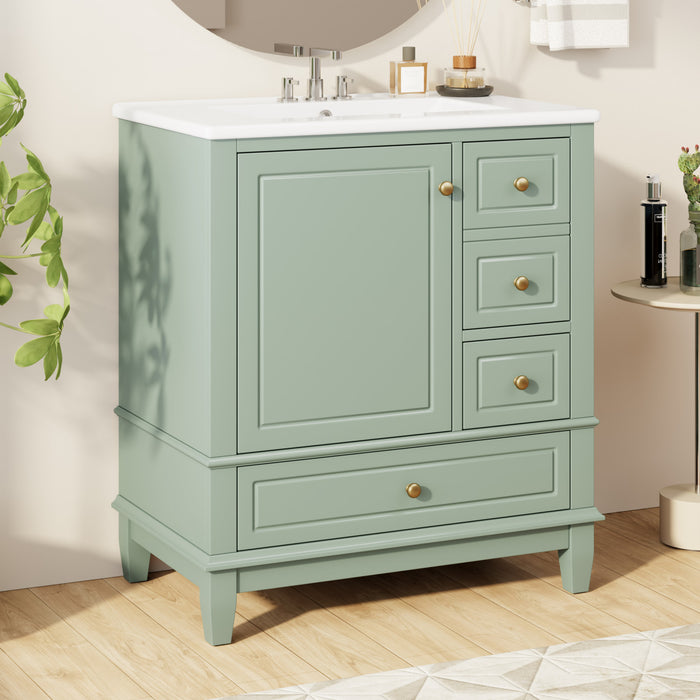 Emma 30\" Solid Wood Bathroom Vanity with Ceramic Sink and Soft-Close Door, Green