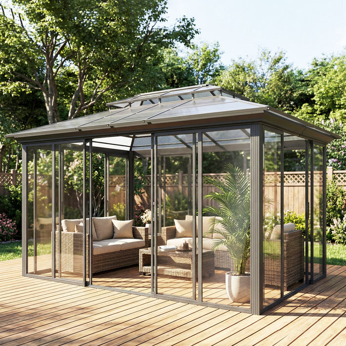 Outsunny 10' x 14' Outdoor Hardtop Gazebo, Aluminum Sun Room, Dark Grey